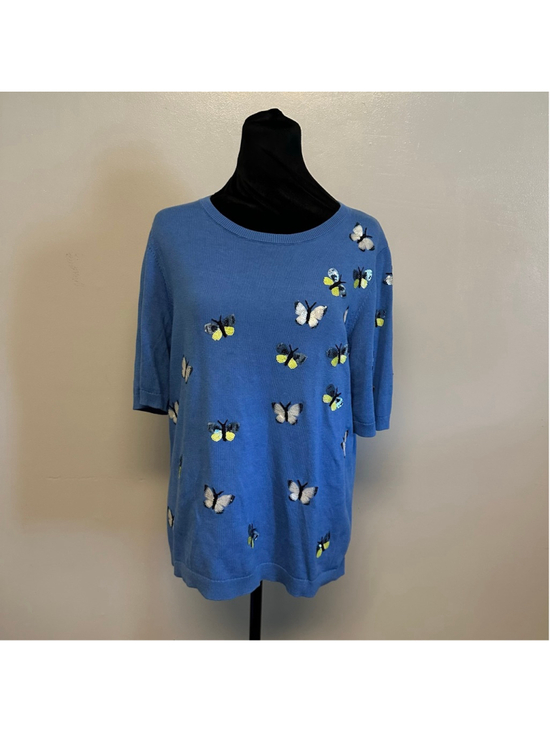 Talbots Sweaters - Talbots Blue Butterfly Sequin Crew Neck Blouse Short Sleeve Size XL Granny Core